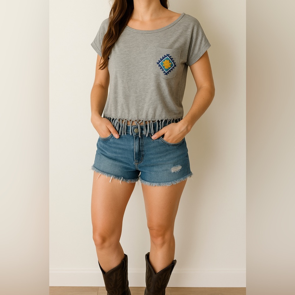 Ralph Lauren Denim & Supply Gray Fringe Beaded Pocket Tee Size M Embroidered